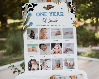Signe d'anniversaire du premier rodéo, modèle d'affiche de la première année de bébé, jalon du 1er anniversaire de cow-boy, collage de photos du 1er anniversaire FR1