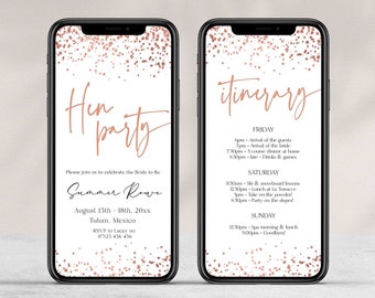 Henne Party Telefon einladen, Rose Gold Hen Party Einladung mit Wochenend-Reiseplan, Hen Party Wochenende, Hen Party einladen, digitaler Download RGC