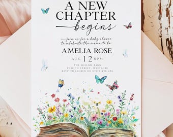 A New Chapter Begins Baby Shower Invitation, Watercolor Storybook, Editable Canva Template ANC