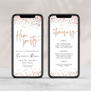 hen party mobile invitation suite in a stunning rose gold confetti theme. The invitation suite includes invite, itinerary and details for sending via WhatsApp, text message . Easy to edit, print and send. This is perfect for any stylish bridal shower