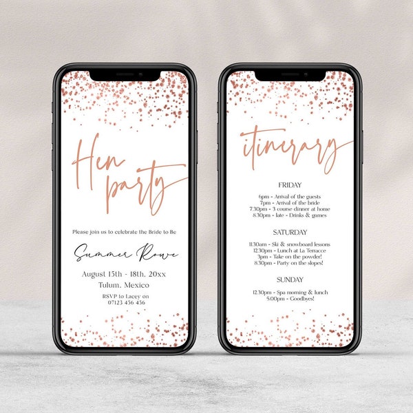 Hen Party Phone Invite, Rose Gold Hen Party Invitation w/ Weekend Itinerary, Hen Party Weekend, Hen Party Invite, Digital Download RGC