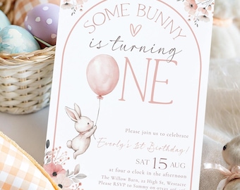 Some Bunny is One First Birthday Invite, Boho Bunny 1st Birthday Editable Invitation, Pink Bunny is One Birthday Invitation Template, SBIO