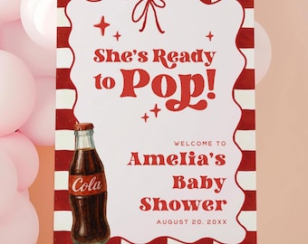 Letrero de bienvenida "Está lista para explotar" para baby shower, plantilla editable de Canva, decoración de baby shower con refresco, letrero de bienvenida rojo "Listo para explotar" RTP