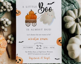Invitation de baby shower « A Little Boo is Almost Due », Baby shower modifiable de citrouille d'Halloween, Invitation de baby shower effrayant Little Boo LB1