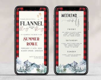Könnte beinhalten: Eine digitale Einladung zu einem Wochenend-Event namens "Flannel Bling Before the Ring" zur Feier der zukünftigen Braut Summer Rowe. Die Einladung zeigt ein rot-schwarzes Buffalo-Karomuster, eine Aquarell-Illustration von Bergen und Bäumen sowie eine Liste der Veranstaltungen für Freitag, Samstag und Sonntag.