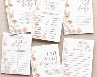 Bundel 60 wilde bloemen babyshowergames, Baby in Bloom-gamebundel, bewerkbare sjablonen BIB