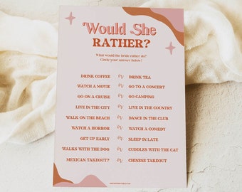 RETRO 70s Would She Rather Bridal Shower Game, Printable Bridal Shower Games, Retro Bridal Shower Games, Funny Bridal Game Ideas, 70s RS2