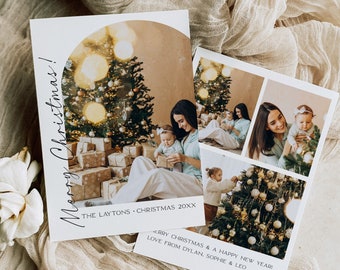 May include: A Christmas card with a photo collage of a family with a decorated Christmas tree. The card reads "Merry Christmas! The Laytons - Christmas 20XX Merry Christmas & A Happy New Year! Love from Dylan, Sophie & Leo."
