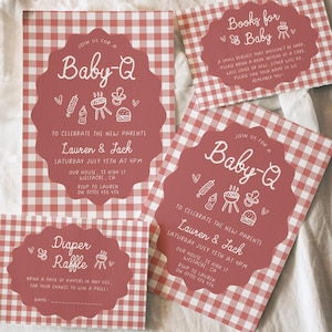 May include: A set of printed paper cards featuring a red and white gingham pattern. The cards include text for a Baby-Q event, a diaper raffle, and a book request, all centered within a scalloped-edge shape with white hand-drawn illustrations.