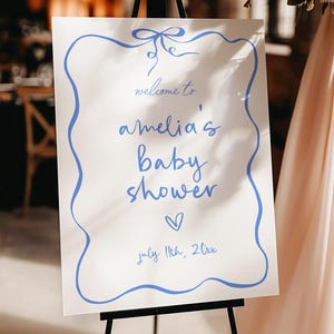 Blue Hand Drawn Bow Baby Shower Welcome Sign, Editable Template, Blue Boy Baby Shower Welcome Sign, Boy Baby Shower, Hand Drawn Baby Shower