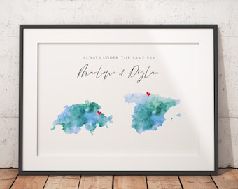 Custom Love Map Printable, Long Distance Relationship Map, Long Distance Family Gift, Couples Gift, Two Locations Love Map, Wedding Gift