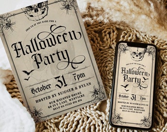 Invitación a fiesta de Halloween vintage, plantilla editable, invitación a fiesta de Halloween para adultos, invitación de Halloween imprimible, teléfono móvil, antiguo