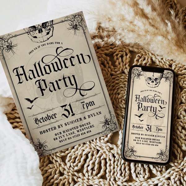 Vintage Halloween Party Invite, Editable Template, Adult Halloween Party Invitation, Printable Halloween Invite, Mobile Phone, Antique