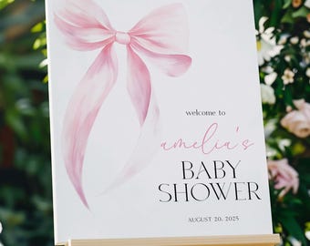 PRINTED + SHIPPED Pink Bow Baby Shower Welcome Sign, Pink Bow Baby Shower Sign, Pink Bow Welcome Sign, Printed Baby Shower Welcome PBB