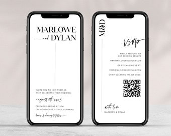 May include: A black and white wedding invitation with a QR code for RSVP. The invitation includes the names "Marlowe and Dylan" and the date "August 11th, 2023".