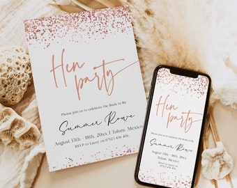 Rose Gold Hen Party Invitation Bundle, Editable Hen Party Invitations, Rose Gold Hen Party Invite, Itinerary, Electronic Phone Invite RGC