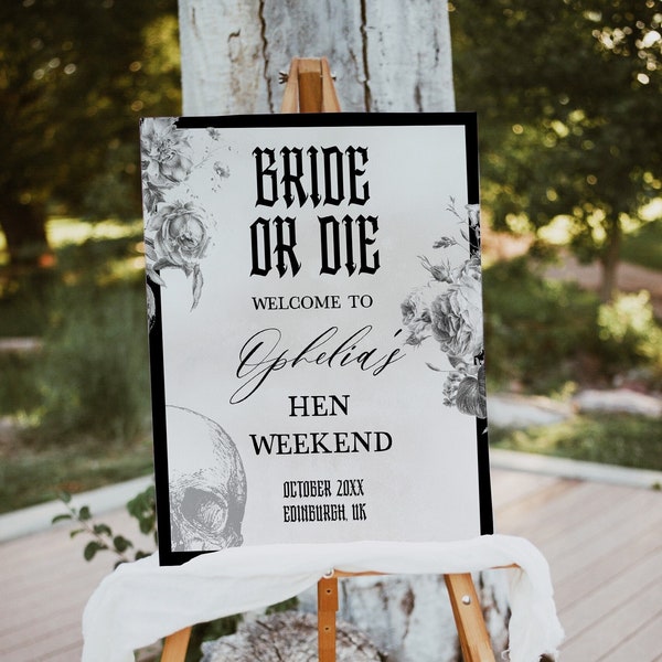 NYX Bride or Die Hen Party Welcome Sign, Gothic Hen Party Ideas, Halloween Hen Party, Floral Skull, Editable Welcome Sign Template NX1