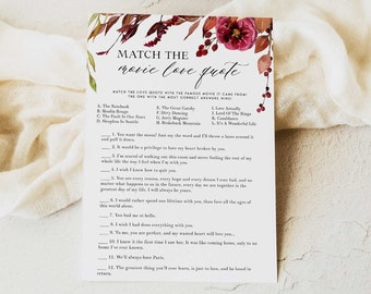 AUTUMN | Match the Movie Quotes Bridal Shower Game, Floral Bridal Shower, Autumn Bridal Shower Games, Fall Printable, Shower Activities FL1