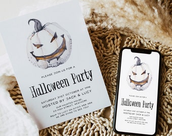 Bewerkbare Halloween-uitnodiging, afdrukbare sjabloon, Halloween-uitnodiging, mobiele uitnodiging voor Halloween, volwassen Halloween-feest, pompoen H1