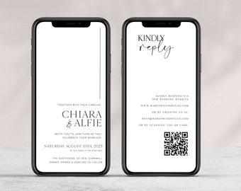 May include: A wedding invitation on a smartphone screen with the text "Together with their families, Chiara & Alfie, invite you to join them as they celebrate their marriage, Saturday August 11th, 2023, The Boathouse, St Ives, Cornwall, Dinner, drinks & dancing to follow." The right side of the screen shows a QR code and the text "Kindly reply, Kindly respond via our wedding website www.marlowanddelan.com or by emailing us at rsvp@marlowanddelan.com or by scanning the QR code."