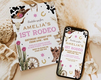 Plantilla de invitación para el primer cumpleaños de rodeo, invitación de cumpleaños de rodeo del salvaje oeste, invitación de cumpleaños de vaquera, mi primera invitación de rodeo, FR1