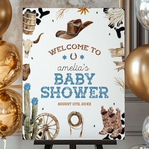 Cartello di benvenuto per baby shower a tema western, cartello di benvenuto modificabile per baby shower &quot;Un piccolo cowboy&quot;, decorazioni per baby shower a tema cowboy, decorazioni per baby rodeo (CBB)