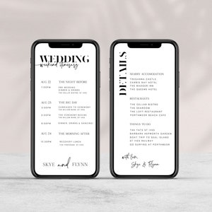 May include: A black and white wedding weekend itinerary with details for the night before, the big day, and the morning after. The details include nearby accommodation, restaurants, and things to do.