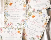 Editable A Little Wildflower Baby Shower Invite Diaper Raffle Books For Baby Card, Baby in Bloom Invite Canva Wildflower Is On The Way LWFB