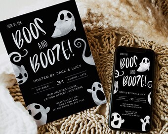 Halloween Party Uitnodiging Set, Bewerkbare Sjabloon, Boos en Booze Uitnodiging, Mobiele Uitnodigen, Ghost Halloween Party Uitnodigen, Instant Download