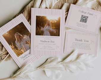 Pink Striped Graduation Invitation Bundle, Preppy Graduated Party Set Including College Fund Thank You Insert Editable Template