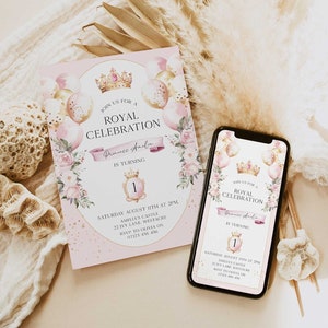 Royal 1st Birthday Party Invitations. Editable Little Princess First Birthday Invitation, Upon A Girl First Birthday Editable Invitation RY1