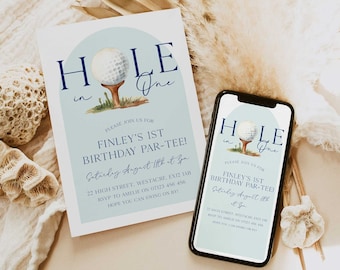 Golf First Birthday Invitation Set, Editable Hole In One 1st Birthday Invite Template, Golf Par-Tee First Birthday Invitation GO1