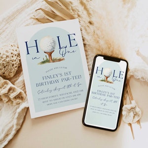 Golf First Birthday Invitation Set, Editable Hole In One 1st Birthday Invite Template, Golf Par-Tee First Birthday Invitation GO1
