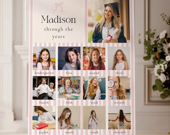 Pink Striped Graduation Photo Milestone Poster Template, Through the YearsGraduation Photo Collage, Preppy Class of 2026 Canva Template
