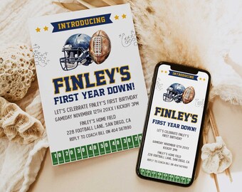 First Year Down Birthday Invitation, 1st Year Down Invitation, Football Invite, Editable 1st birthday Invite Template, Birthday Invite FB1