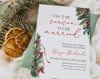 HOLLY Christmas Bridal Shower Invitation, Holiday Festive Bridal Shower Invite, Editable Download, Tis the Season to be Married Invite HL1