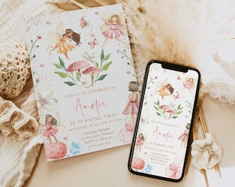 May include: A digital invitation for a girl's second birthday party. The invitation features a whimsical fairy theme with illustrations of fairies, mushrooms, and flowers. The text on the invitation reads "Join us to celebrate as Amelia is turning two! Saturday June 11th at 3pm Dewdrop Meadow 22 Ivy Lane, Westacre RSVP to Olivia on 07123 456 456".