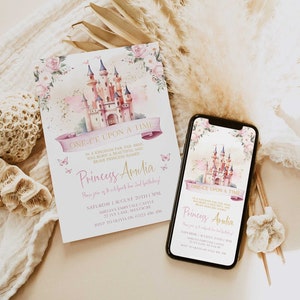 PRINCESS 1st Birthday Party Invitations. Editable One-ce Upon A time Princess First Birthday Invitation, Girl First Birthday Invitation PR1