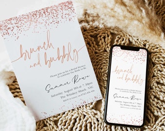 Brunch & Bubbly Invitation Template, Rose Gold Bridal Shower Invites, Editable Bridal Shower Invitation, Digital Phone Invite, Editable RGC