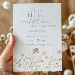 Boho One Little Wildflower Birthday Invitation, Wildflower First Birthday Invite, Floral 1st Birthday Invite, Floral Editable Template LWF