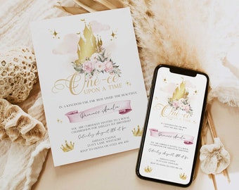 PRINCESS 1st Birthday Party Invitations. Editable One-ce Upon a Time First Birthday Invitation, Girl First Birthday Editable Invitation PR1