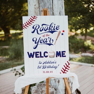 Letrero de bienvenida para fiesta de cumpleaños de béisbol Letrero de bienvenida para novato del año Letrero de bienvenida para fiesta de cumpleaños EDITABLE Letrero de béisbol para primer cumpleaños BB3