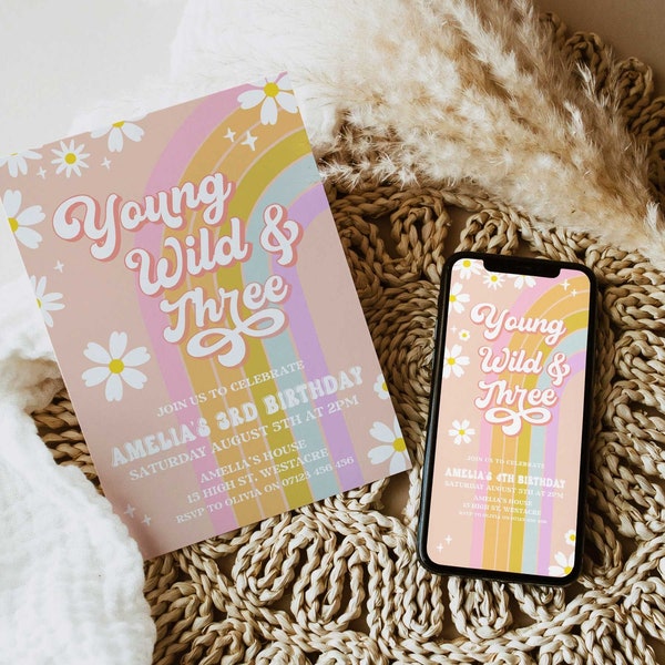 Young Wild & Three Birthday Invitation, Groovy Rainbow Party, Birthday Invitation, Groovy Babe Birthday Daisy Hippy Party Invitation GRV