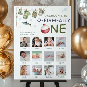 OFishAlly One Photo Milestone Birthday Sign, Editable Baby&#39;s First Year Poster Template, O Fish Ally One Photo Milestone Board, Fishing OFO