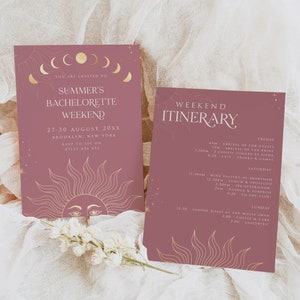 May include: Two pink cards with gold accents and celestial designs. The first card is an invitation to a bachelorette weekend, with the text "Summer's Bachelorette Weekend" and the dates "27-30 August 20XX". The second card is an itinerary for the weekend, with the text "Weekend Itinerary" and a list of activities.