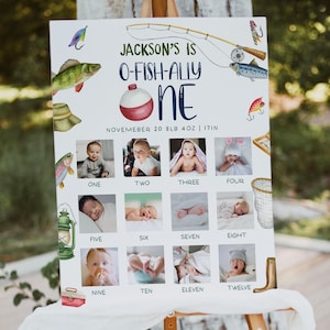 OFishAlly One Photo Milestone Birthday Sign, Editable Baby&#39;s First Year Photo Poster Template, Fishing O Fish Ally One Photo Milestone OFO