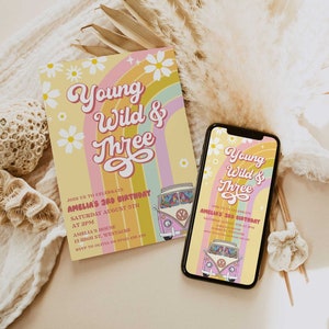 Junge Wild & Three Geburtstagseinladung, Pink Van Regenbogen, dritte Groovy Geburtstagspartyeinladung, Retro Hippy Geburtstagseinladung GRV