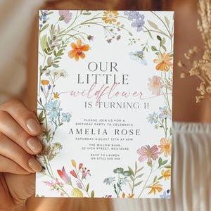 One Little Wildflower First Birthday Invite, Wildflower 1st Birthday Invite, 1st Birthday Invitation, Spring Floral Editable Template LWF