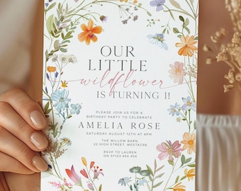 One Little Wildflower First Birthday Invite, Wildflower 1st Birthday Invite, 1st Birthday Invitation, Spring Floral Editable Template LWF