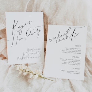 MIA Calligraphy Hen Party Invitation Template, Minimal Hen Party Invite, Hen Weekend Invite and Itinerary, Hen Do Printable Invite, MI1